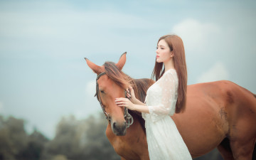 Картинка девушки -unsort+ азиатки изящная длинноволосая гнедой вгляд лицо настроение конь лошадь дружба шатенка азиатка белое платье взгляд морда девушка природа небо