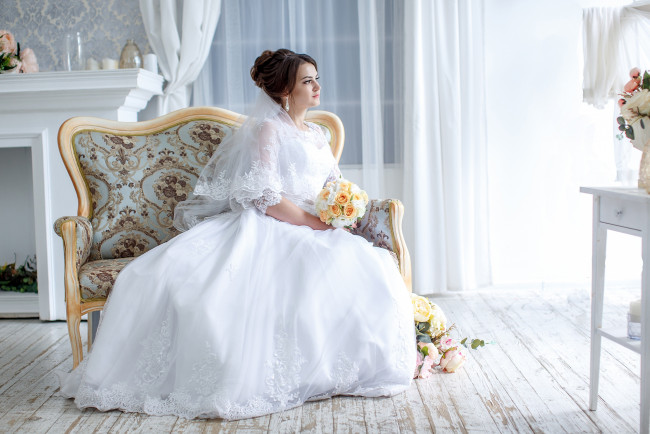 Обои картинки фото девушки, -unsort , невесты, свадьба, невеста, платье, букет