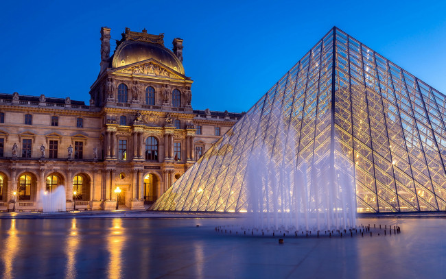 Обои картинки фото louvre, города, париж , франция, фонтан