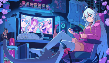 Картинка аниме оружие +техника +технологии девушка монитор коты гаджеты фигурки