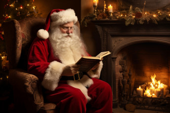 Картинка праздничные дед+мороз +санта+клаус камин свечи санта книга