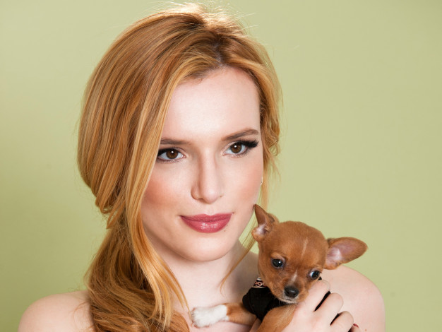 Обои картинки фото девушки, bella thorne, рыжая, лицо, собака