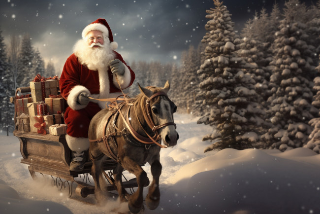 Обои картинки фото праздничные, дед мороз,  санта клаус, санта, повозка, лошадь, подарки