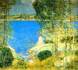 обоя рисованное, frederick childe hassam, деревья, озеро, женщина