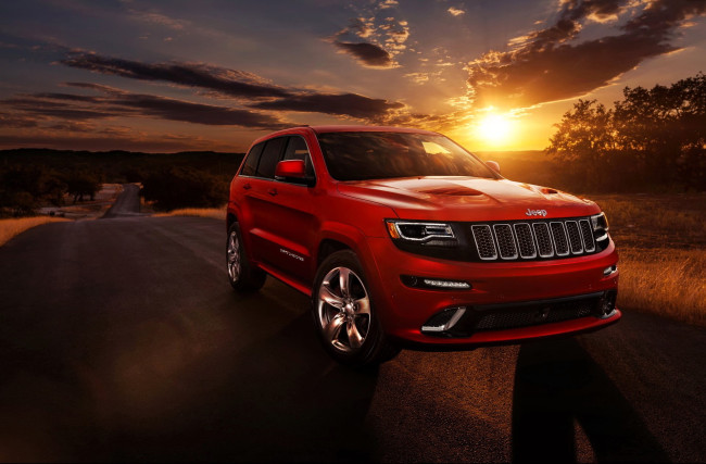 Обои картинки фото jeep grand cherokee, автомобили, jeep, красный, дорога, закат