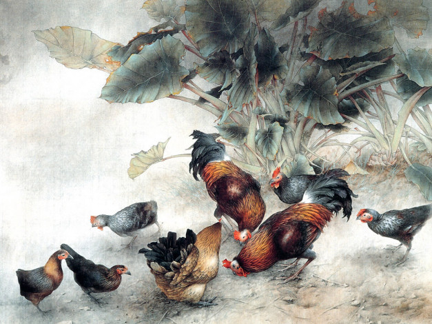 Обои картинки фото рисованные, животные, птицы, курицы, петухи, цыплята