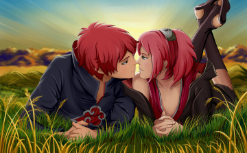 обоя аниме, naruto, поцелуй, рассвет, любовь, трава, пара