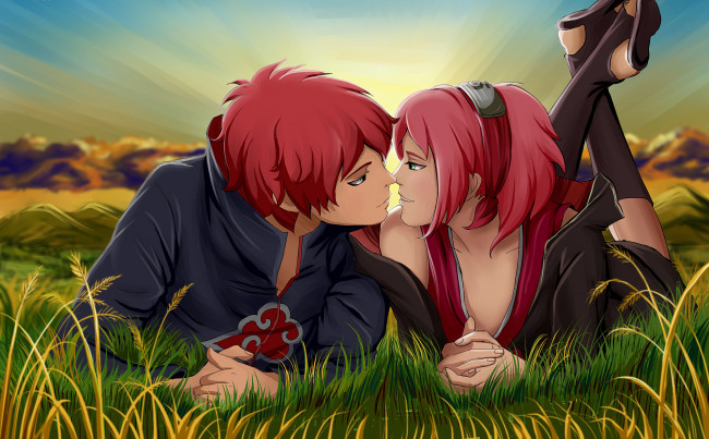 Обои картинки фото аниме, naruto, поцелуй, рассвет, любовь, трава, пара