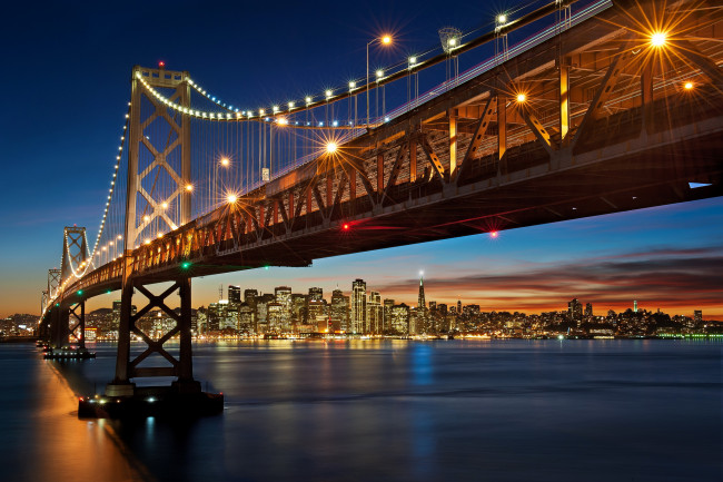 Обои картинки фото города, сан, франциско, сша, california, san, francisco, дома, мост, река, огни, ночь