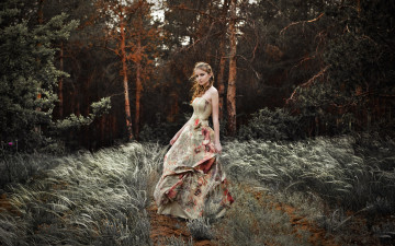 Картинка девушки -unsort+ брюнетки +шатенки девушка взгляд платье прическа природа трава лес деревья ветер