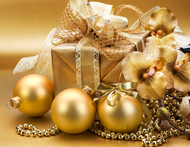 Обои картинки фото праздничные, подарки и коробочки, merry, christmas, рождество, украшения, шары, золотые, gold, новый, год, decoration