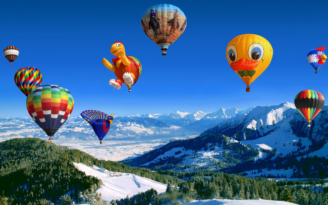 Обои картинки фото авиация, воздушные шары, горы, небо, полёт, шары, воздушные