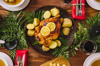 Картинка еда мясные+блюда столовые приборы запеченная курица картофель