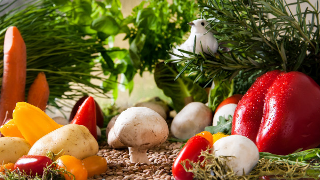 Обои картинки фото еда, овощи, сад, паприка, помидоры, пейзаж, грибы