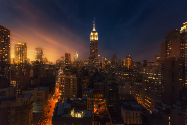 Обои картинки фото города, нью-йорк , сша, вечер, нью, йорк, дома, огни, ночь, город