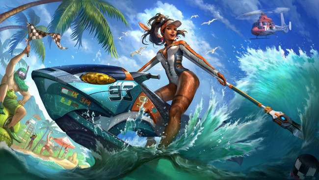 Обои картинки фото видео игры, smite, девушка, фон, взгляд, водный, мотоцикл, море, вертолет, купальник