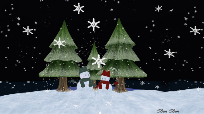Обои картинки фото 3д, графика, holidays, праздники, снеговики, снег, снежинки, елки