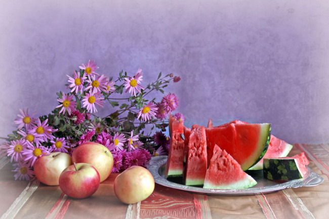 Обои картинки фото еда, натюрморт, арбуз, яблоки, фрукты