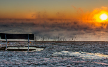 Картинка природа восходы закаты пейзаж закат туман скамья