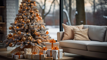 Картинка праздничные ёлки серебристая елка шарики подарки