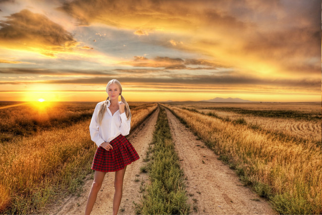 Обои картинки фото девушки, мая коноваленко , nancy a,  nancy ace, закат, дорога, поле, юбка, блузка