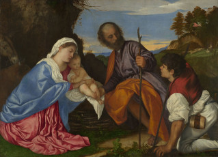 обоя titian, the, holy, family, with, shepherd, рисованные, tiziano, vecellio