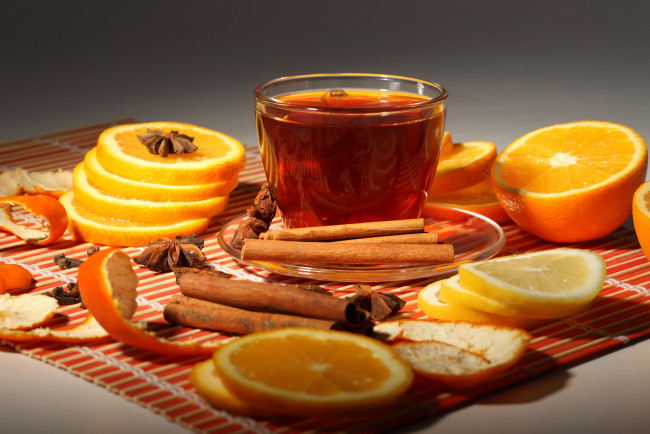 Обои картинки фото еда, напитки, Чай, специи, апельсин, чай, лимон