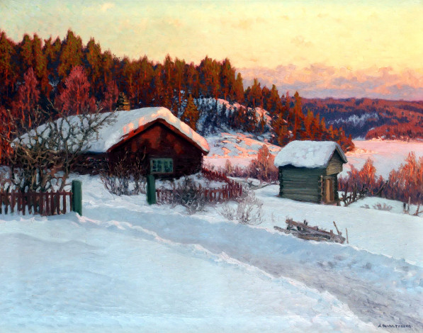 Обои картинки фото рисованные, anshelm, leonard, schultzberg, зима, деревня, дом, изба, снег, сугробы, лес, холмы, деревья, забор, рассвет