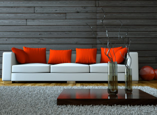 Картинка 3д+графика realism+ реализм red pillows white sofa вазы home design interior stylish дизайн дома стильная интерьер vase красные подушки белый диван