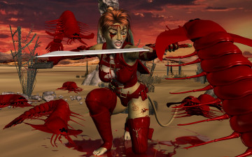 обоя 3д графика, fantasy , фантазия, девушка, кошка, меч, кровь, черви