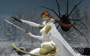 Картинка 3д+графика fantasy+ фантазия пауки меч девушка кошка зима