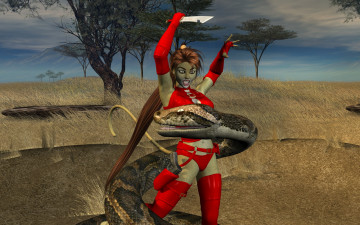Картинка 3д+графика fantasy+ фантазия змея нож девушка кошка