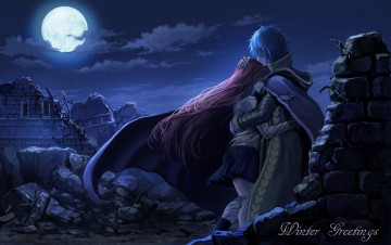 Картинка автор +natuchobi аниме fairy+tail девушка пара ночь jellal fernandes объятия луна руины парень natuchobi erza scarlet fairy tail