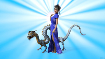 Картинка 3д+графика фантазия+ fantasy дракон фон взгляд девушка