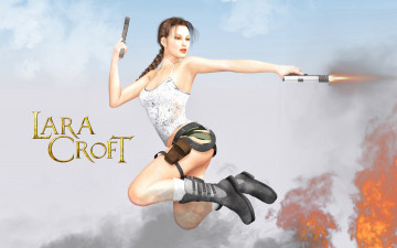 обоя видео игры, lara croft and the guardian of light, пистолет, фон, девушка, взгляд