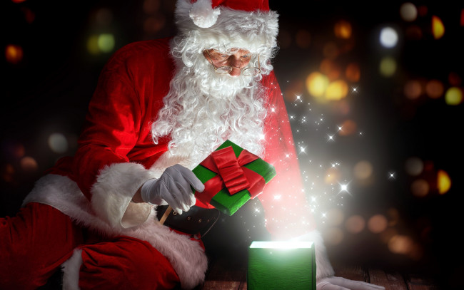 Обои картинки фото праздничные, дед мороз,  санта клаус, санта, коробка, подарок