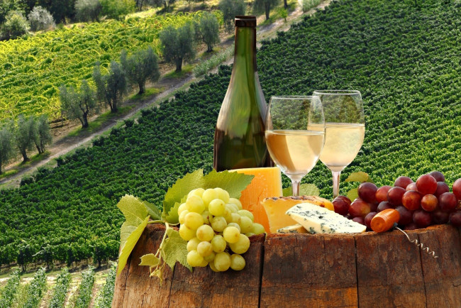 Обои картинки фото еда, напитки,  вино, вино, виноградник, бочка, бутылка, виноград, бокал