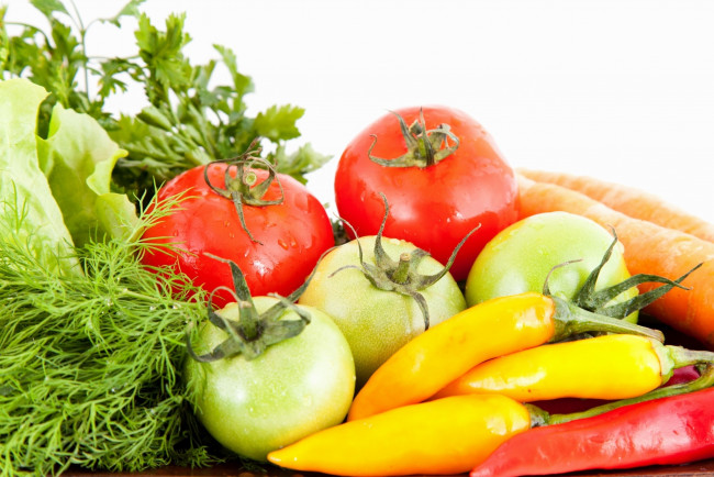 Обои картинки фото еда, овощи, укроп, перец, морковь, стручки, помидоры, томаты