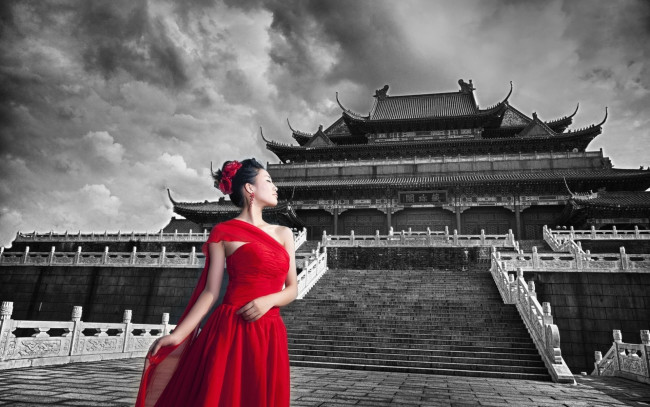 Обои картинки фото девушки, - азиатки, храм, пагода, ступени, азиатка, алое, платье