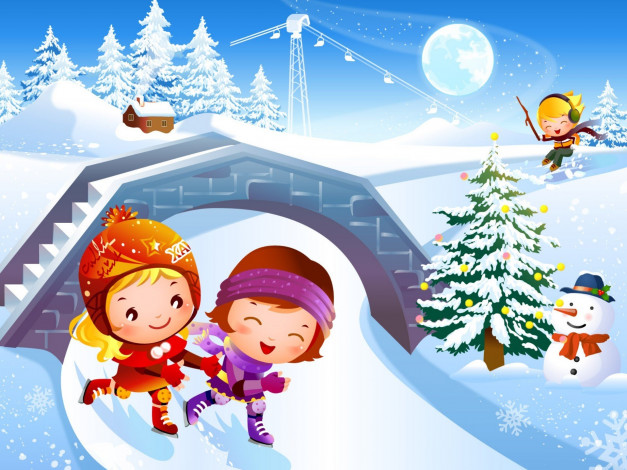 Обои картинки фото праздничные, векторная графика , новый год, дети, ёлка, коньки, горка, снеговик, снег