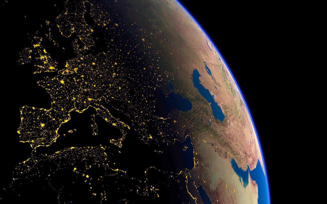 Обои картинки фото космос, земля, планета, огни, европа