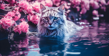 Картинка 3д+графика животные+ animals кот цветы вода