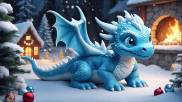 обоя 3д графика, фантазия , fantasy, зима, снег, природа, снежный, дракон, рождество, новый, год, дракончик