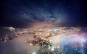 Картинка города нью-йорк+ сша нью йорк выше облаков городской вид огни с воздуха горизонт длительная выдержка облака звездное небо небоскребы цифровая композиция автор dominic kamp