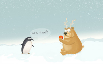 обоя праздничные, векторная графика , новый год, пингвин, медведь, рога, шарик, снег