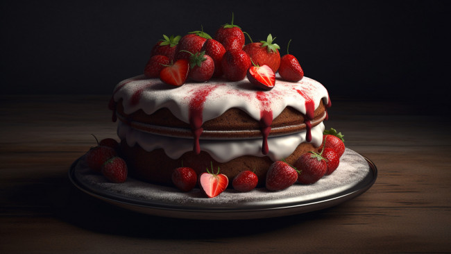 Обои картинки фото 3д, 3д графика, другое , other, ягоды, темный, фон, клубника, торт, десерт, шоколадный, нейросеть