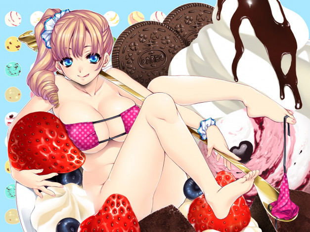 Обои картинки фото аниме, *unknown, другое, девушка, шоколад, клубника, купальник