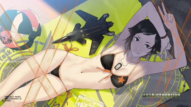 Обои картинки фото аниме, *unknown, другое, значок, купальник, девушка, самолетик, мяч, пляж