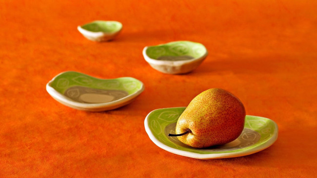 Обои картинки фото еда, груши, оранжевая, желтая, тарелки, посуда