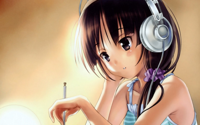Обои картинки фото аниме, headphones, instrumental, ручка, наушники, девушка